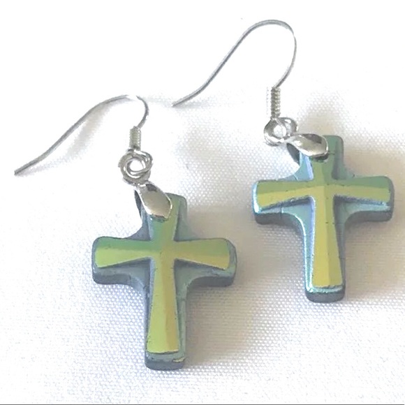 Green Cross Earrings Dangle Hook Style - Picture 1 of 2